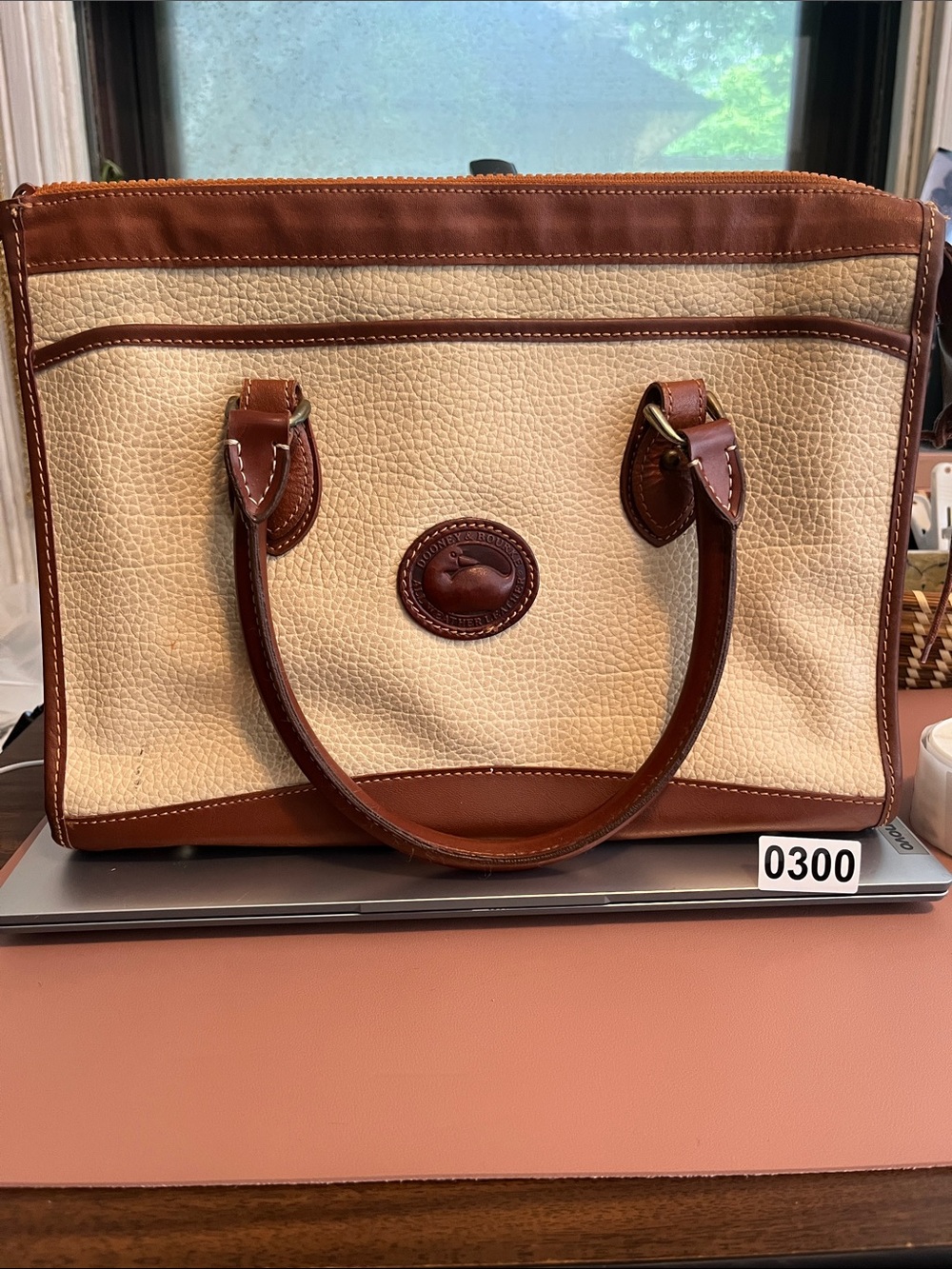 Dooney & Bourke Cream Pebble Leather Tote with Brown Trim